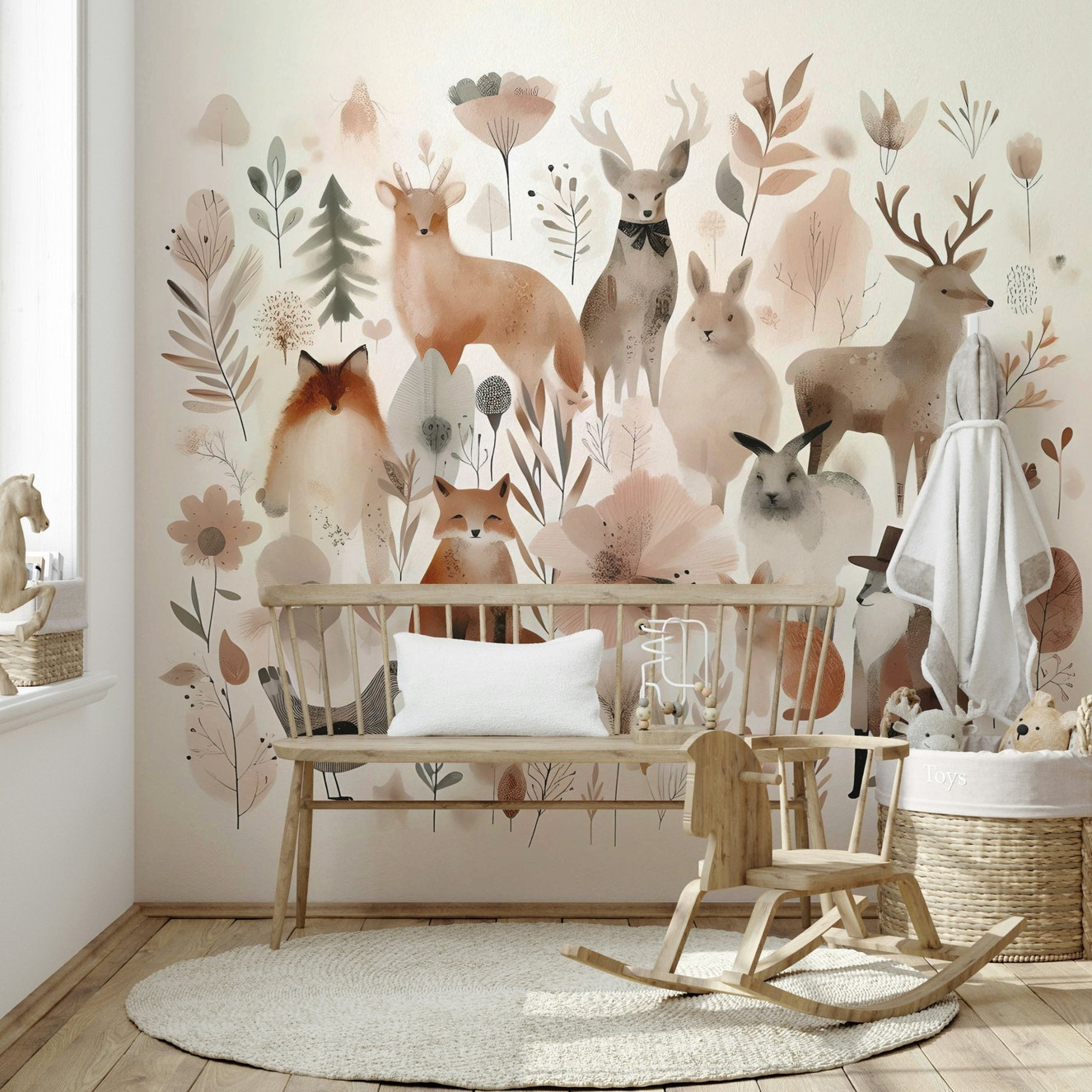 Whimsical Forest Friends Wall Mural featuring forest animals.


