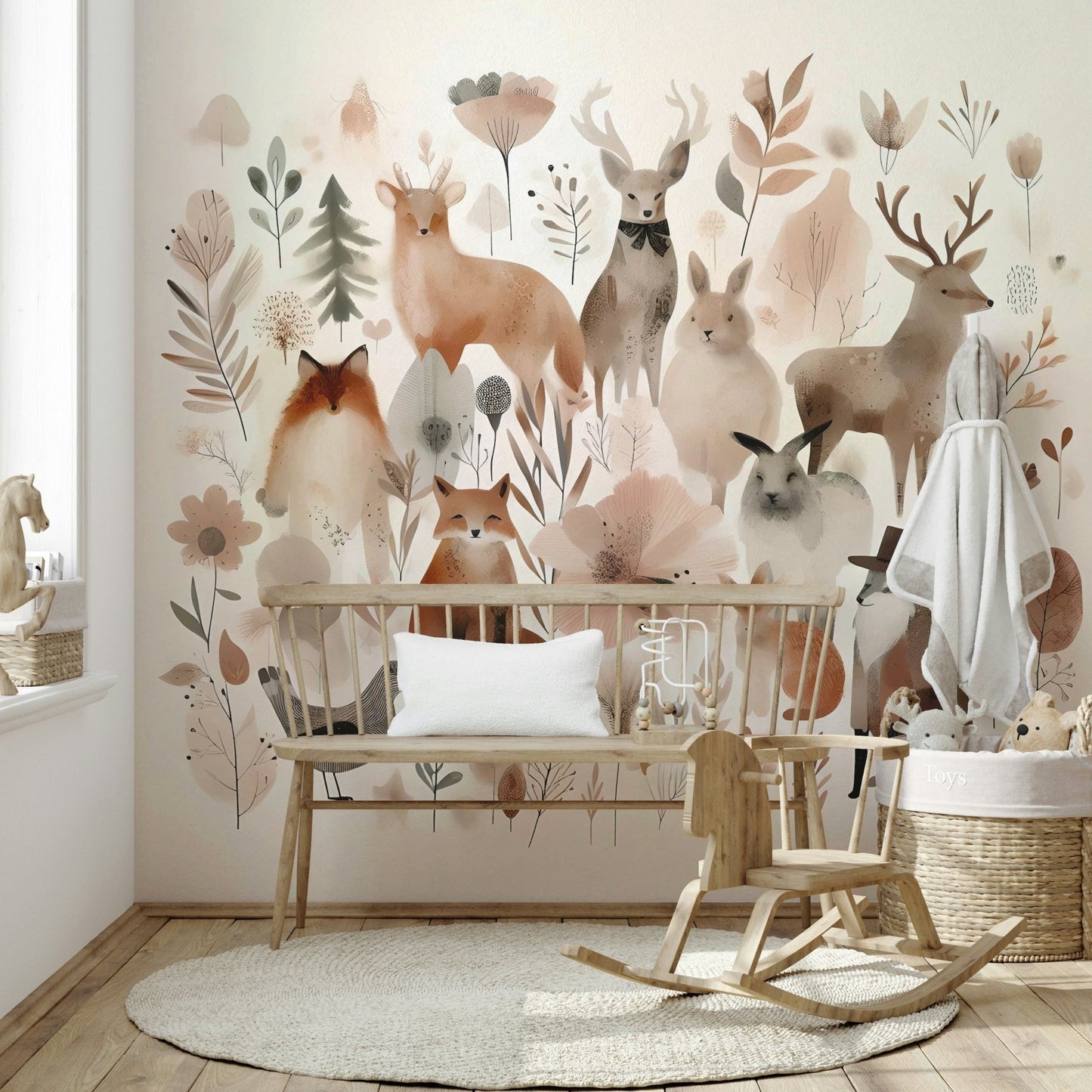 Whimsical Forest Friends Wall Mural featuring forest animals.

