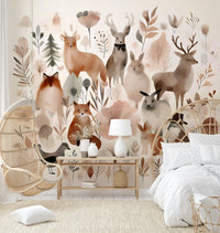 Adorable forest animals in the Whimsical Forest Friends mural.

