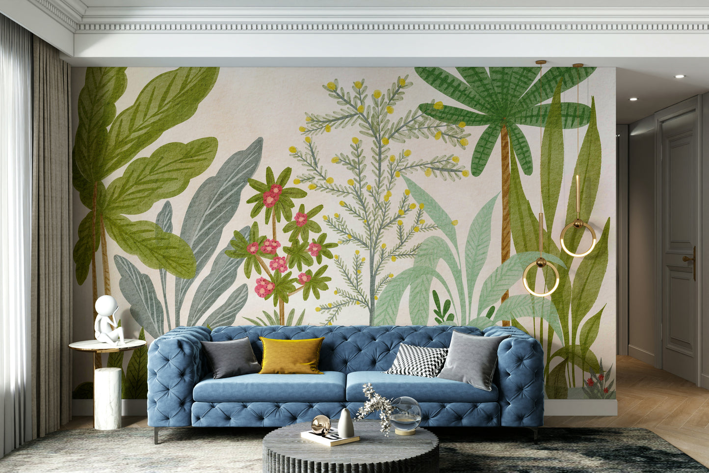 Artistic garden escape mural in lush soft colors

