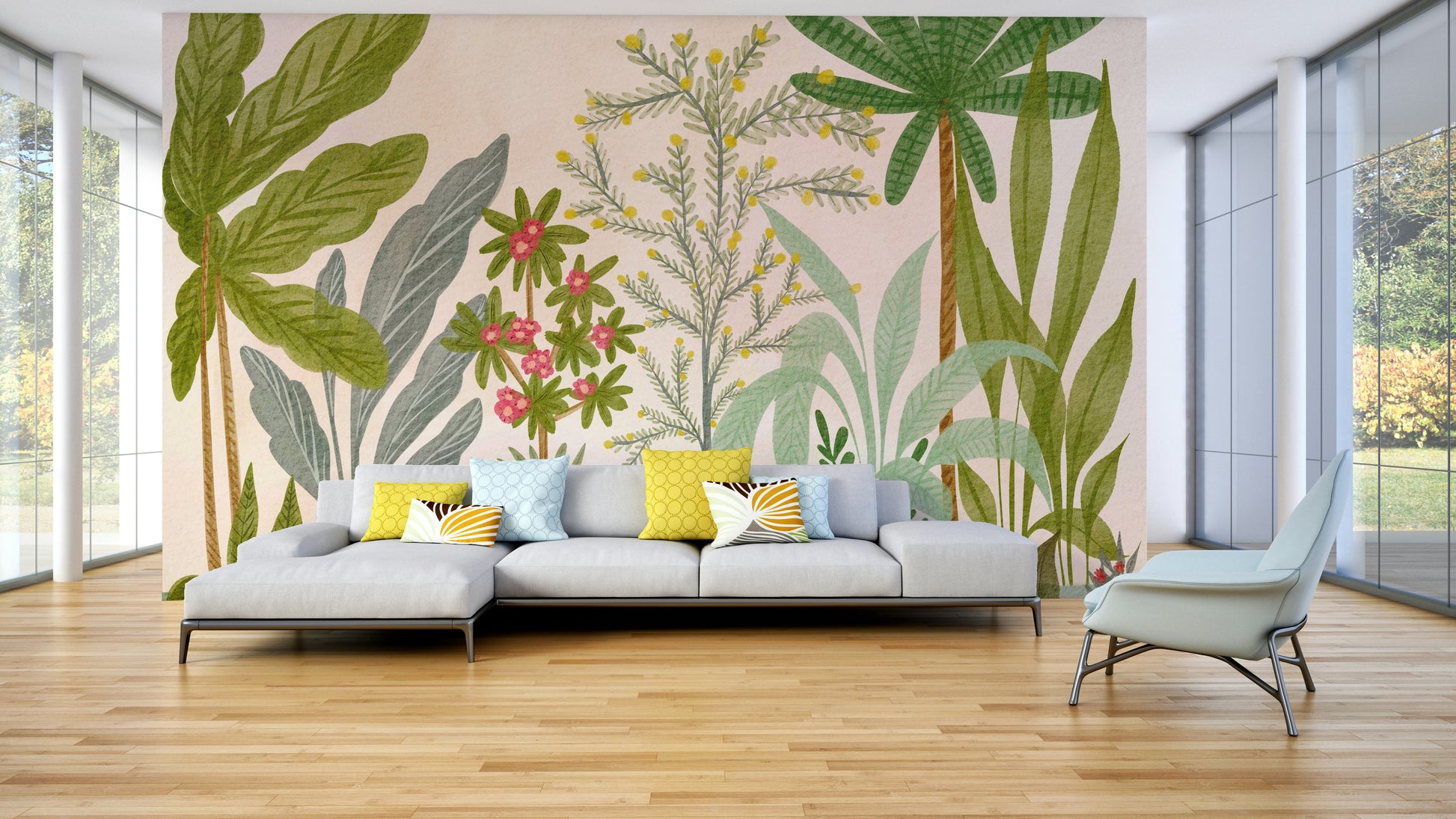 Garden scene mural with fairytale-like charm

