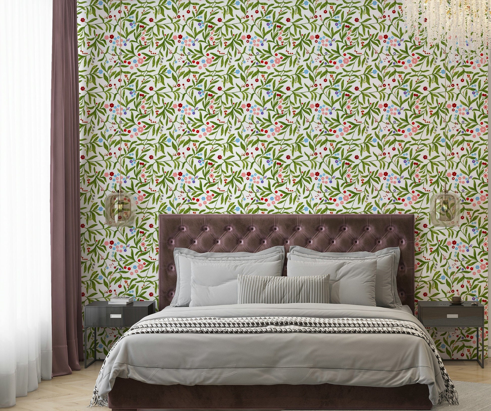 A beautiful, whimsical garden party floral mural.