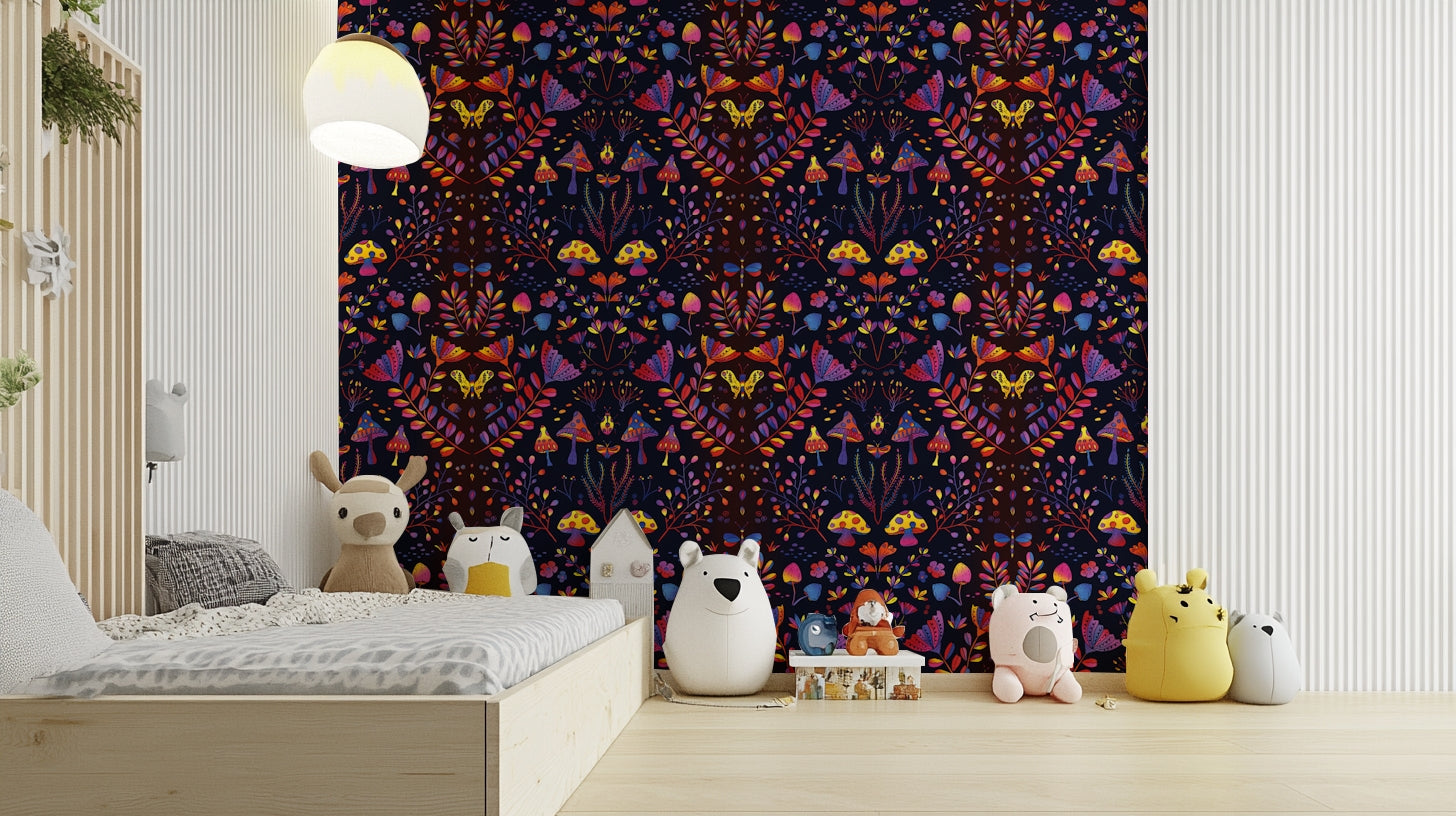 Storybook-style mural wallpaper with flowers


