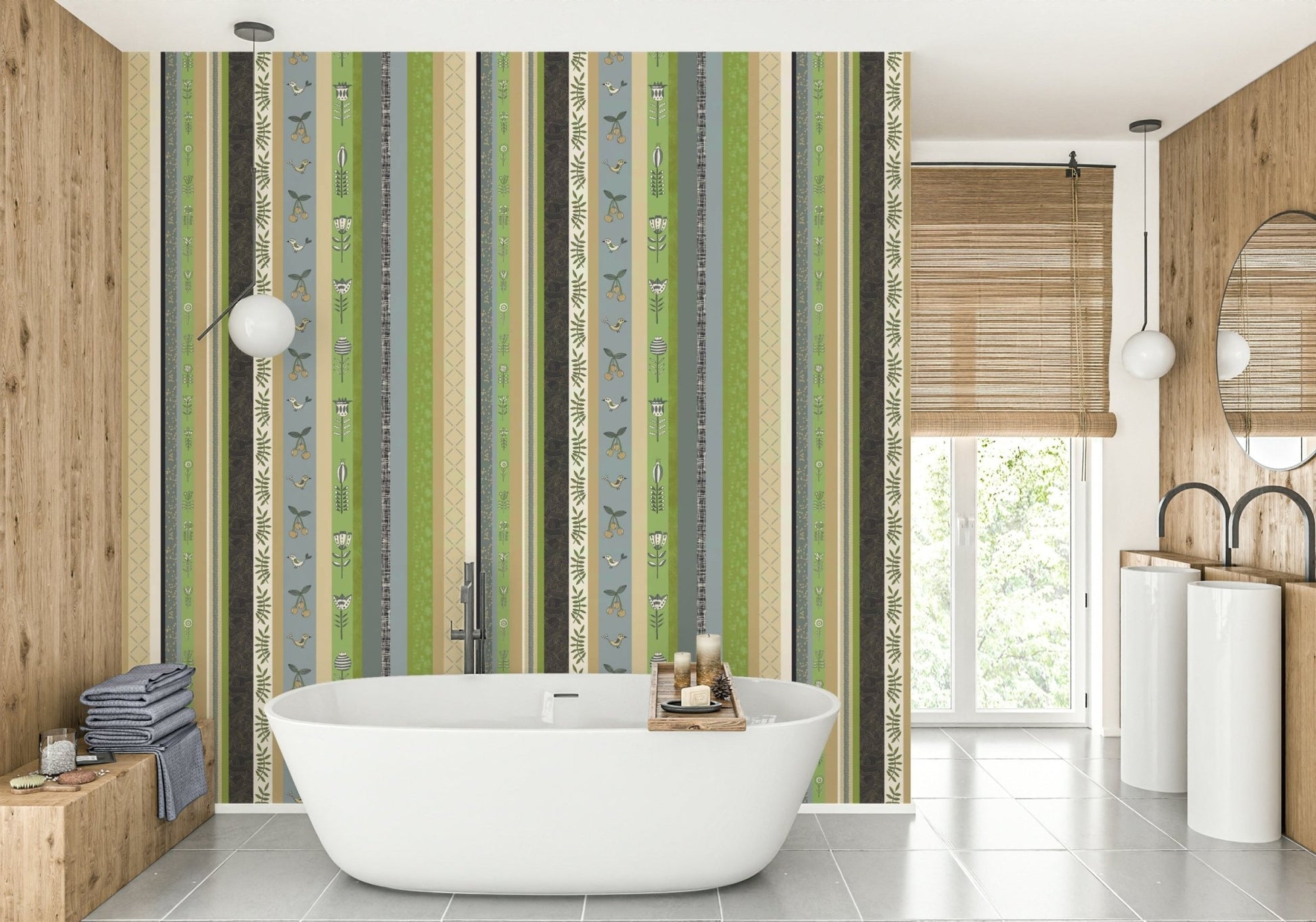 Wallpaper with floral and textured designs.

