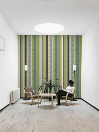 Close-up of a floral stripe on the wallpaper.

