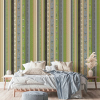 Wallpaper with vertical stripes of different patterns.

