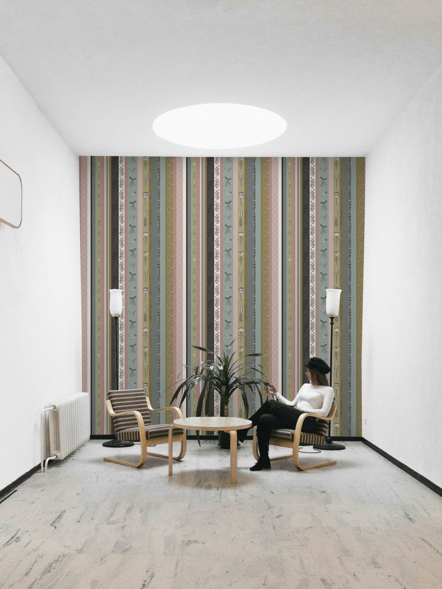 Striped wallpaper with a whimsical garden theme.

