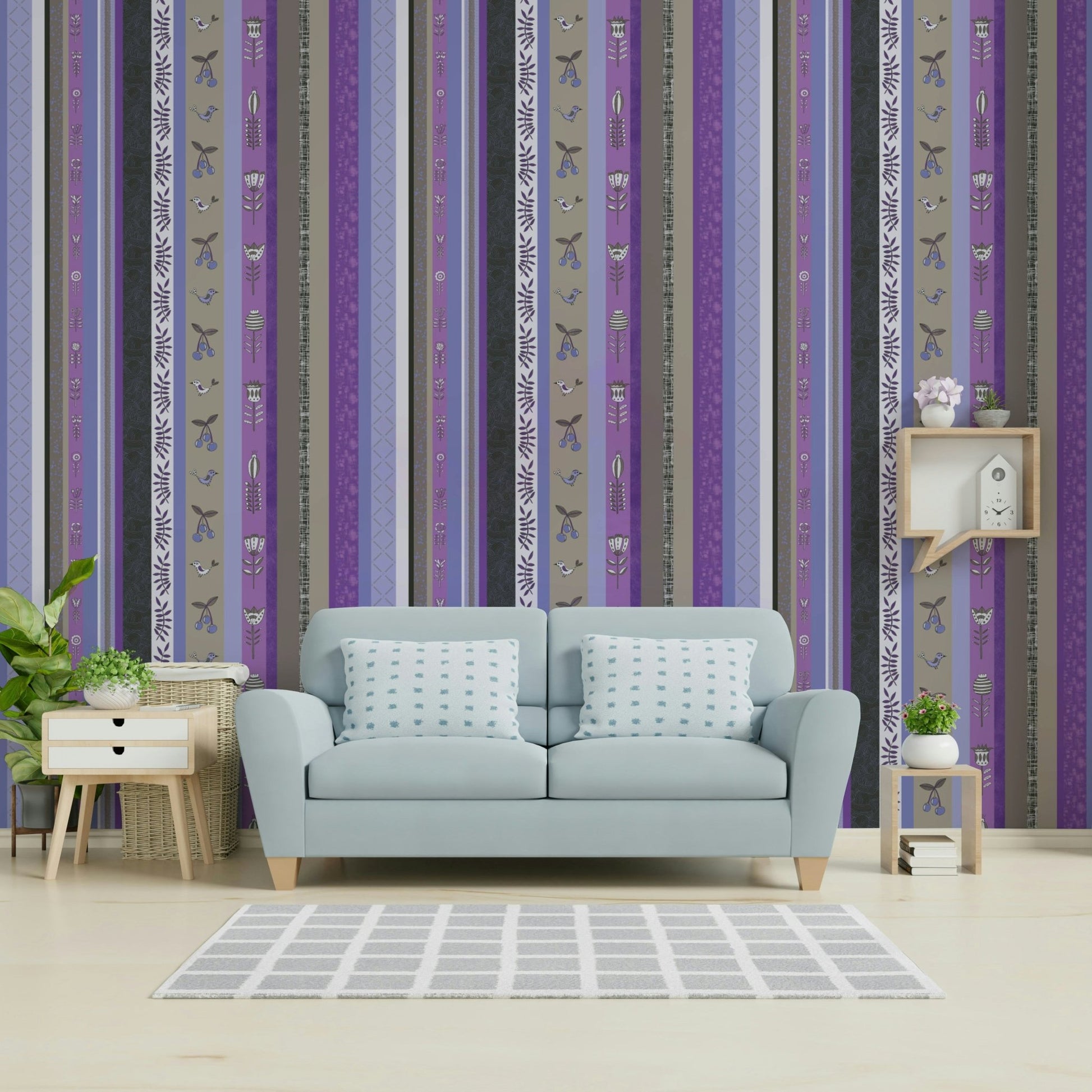 Whimsical Garden Stripes mural for a bedroom.


