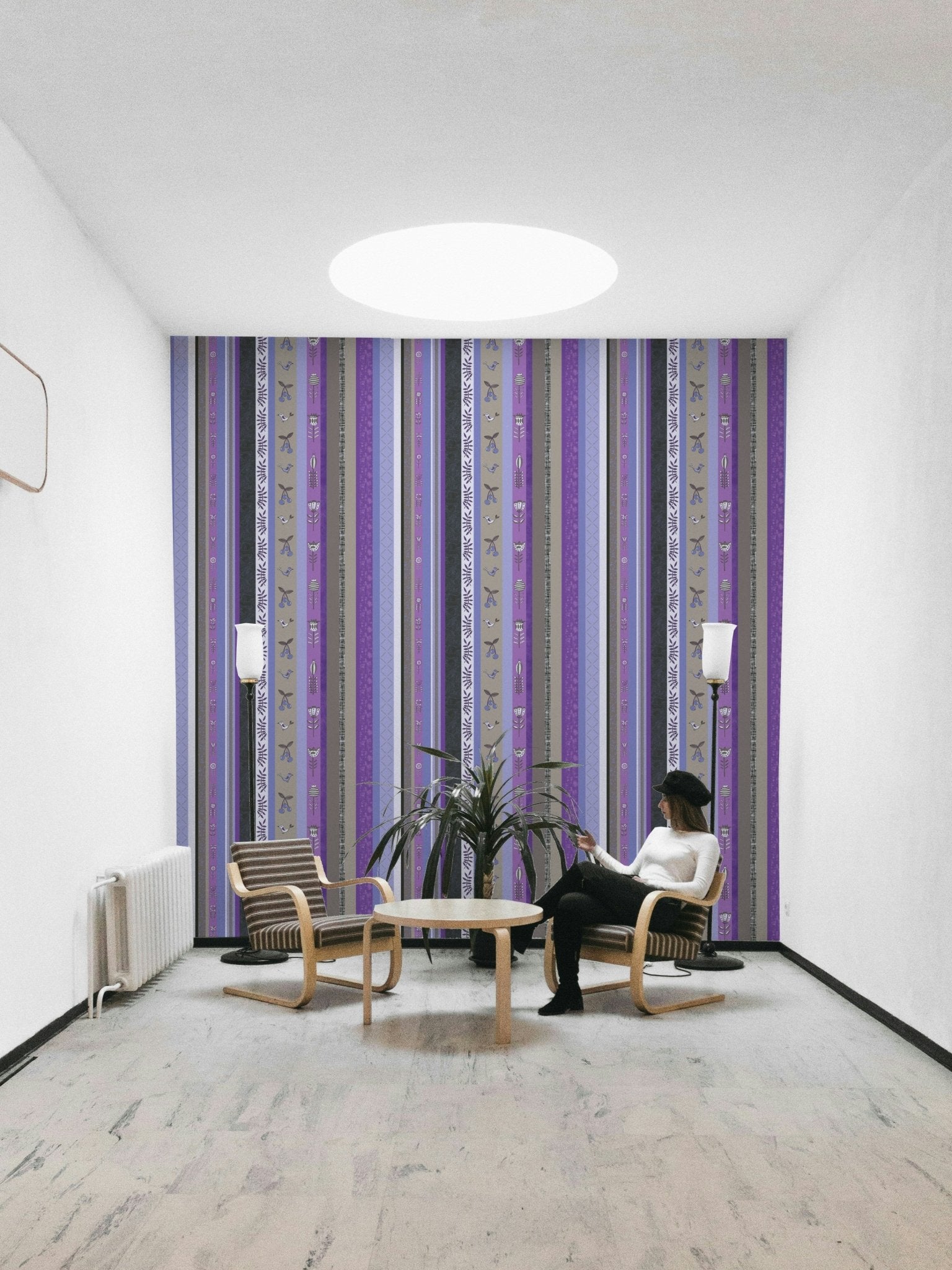 Wallpaper with vertical stripes of different patterns.

