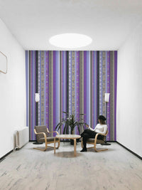 Wallpaper with vertical stripes of different patterns.

