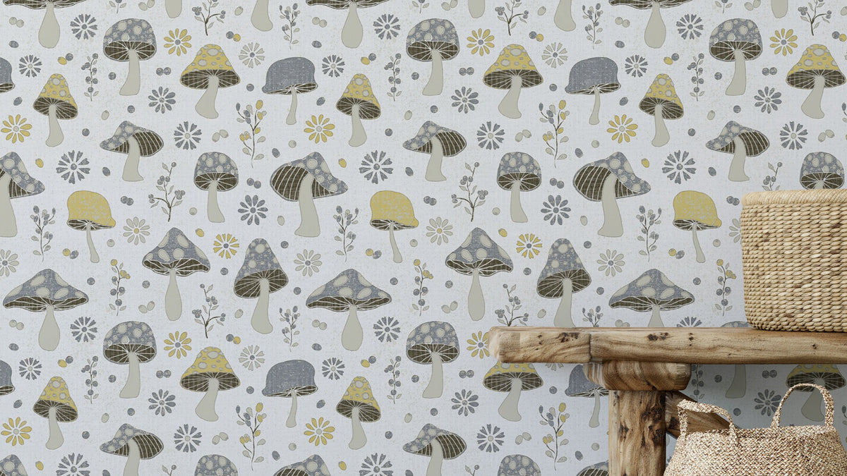 Golden Gray Mushrooms wallpaper close-up showing whimsical mushrooms beside a rustic wood bench and basket