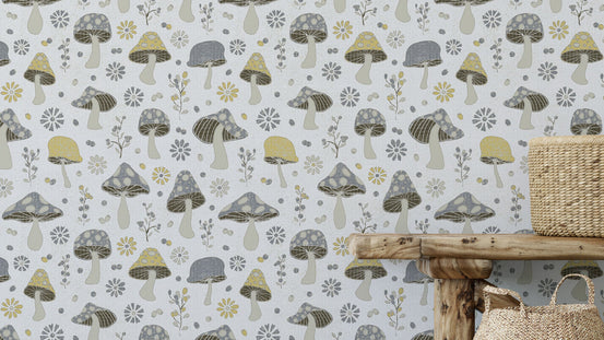 Golden Gray Mushrooms wallpaper close-up showing whimsical mushrooms beside a rustic wood bench and basket