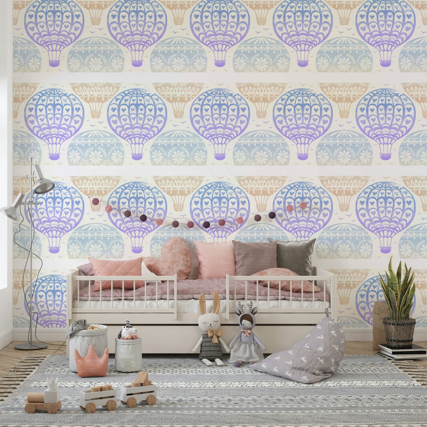 Dreamy pastel balloon ride wall design

