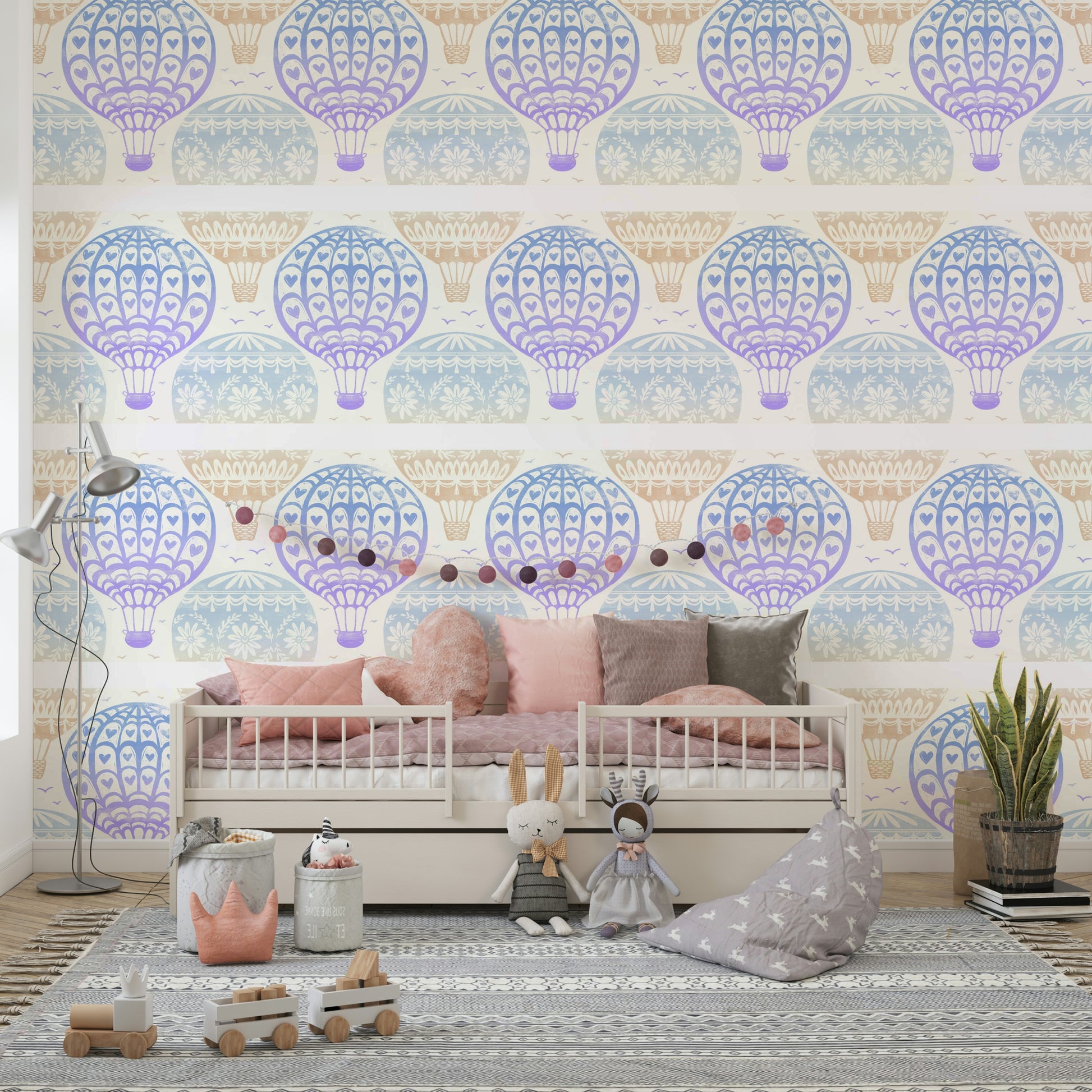 Dreamy pastel balloon ride wall design

