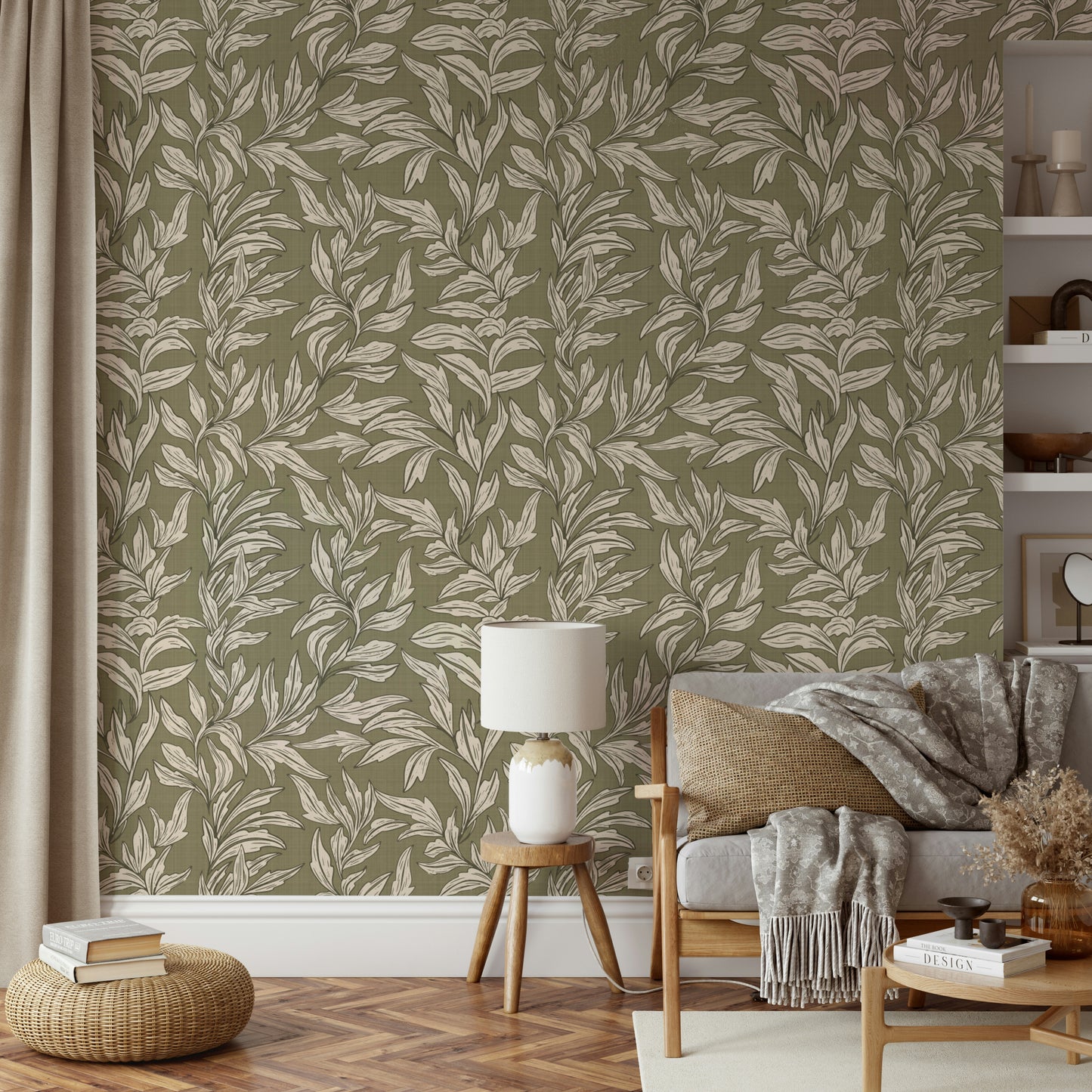 Leaf print wallpaper in soothing natural tones

