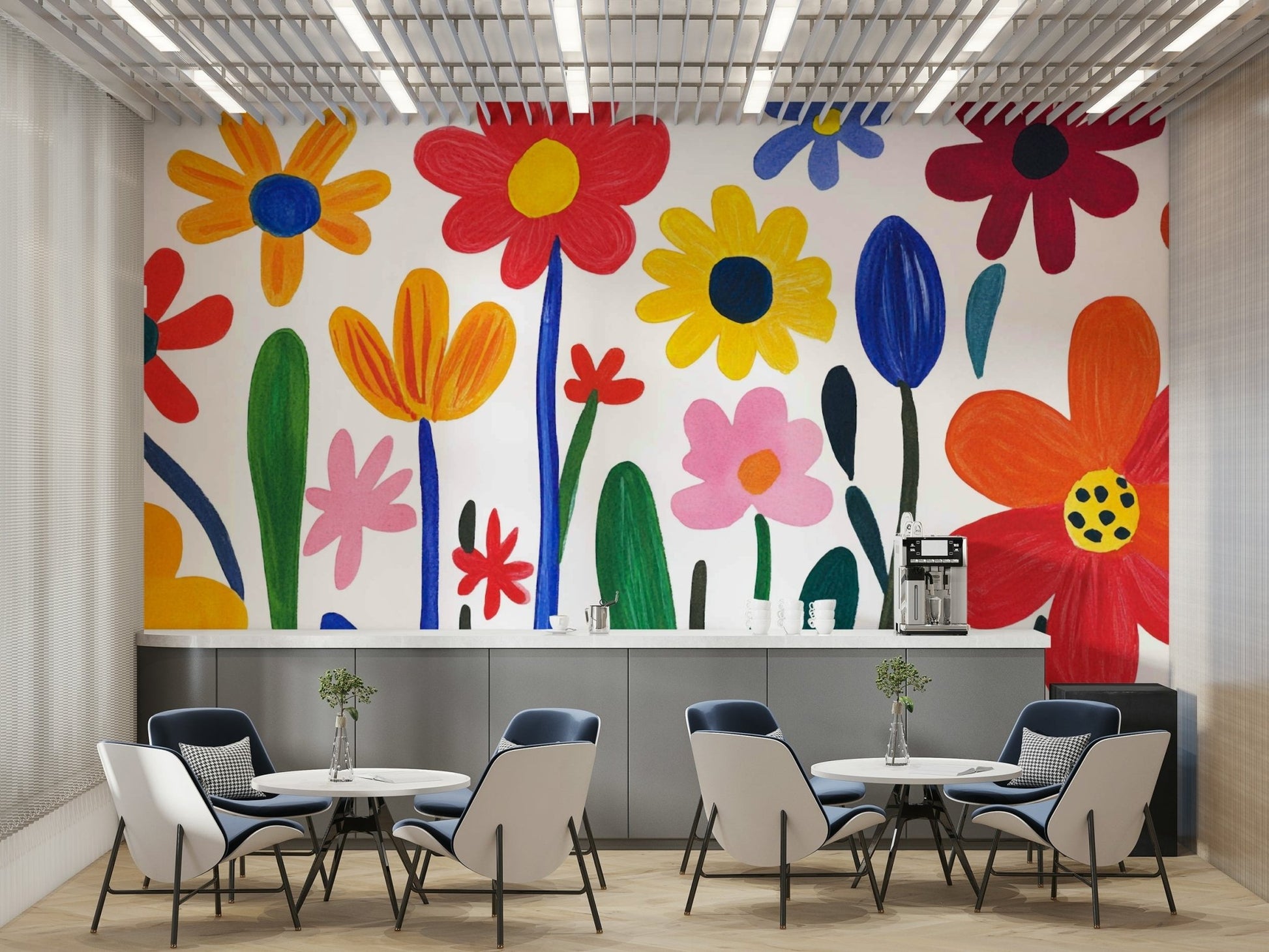 Colorful floral feature wall in modern home

