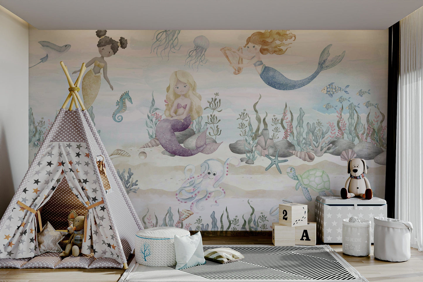 A peaceful wall mural with a whimsical underwater scene.

