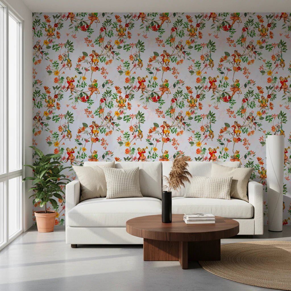 Whimsical Monkeys Playing Music Vintage Exotic Fun Garden blue Wallpaper⁠