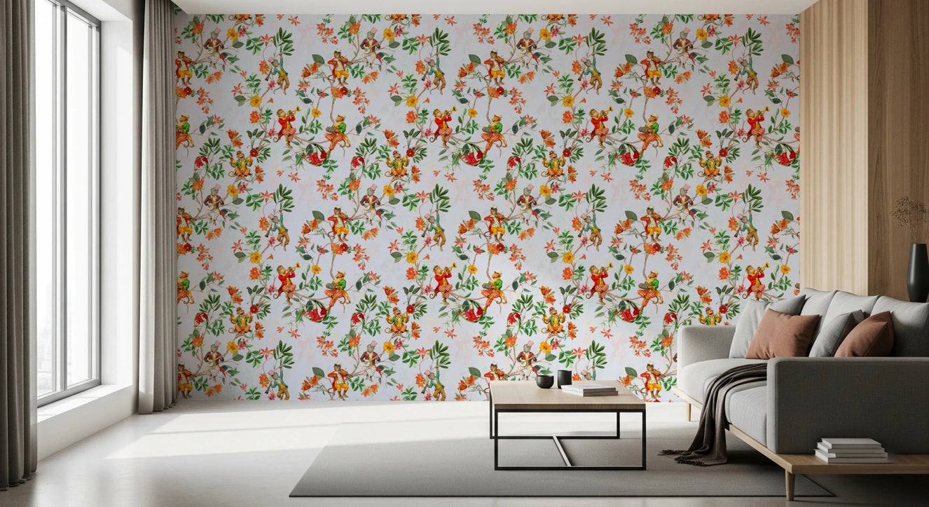 Whimsical Monkeys Playing Music Vintage Exotic Fun Garden blue Wallpaper⁠