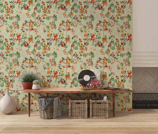 Whimsical Monkeys Playing Music Vintage Exotic Fun Garden green Wallpaper⁠