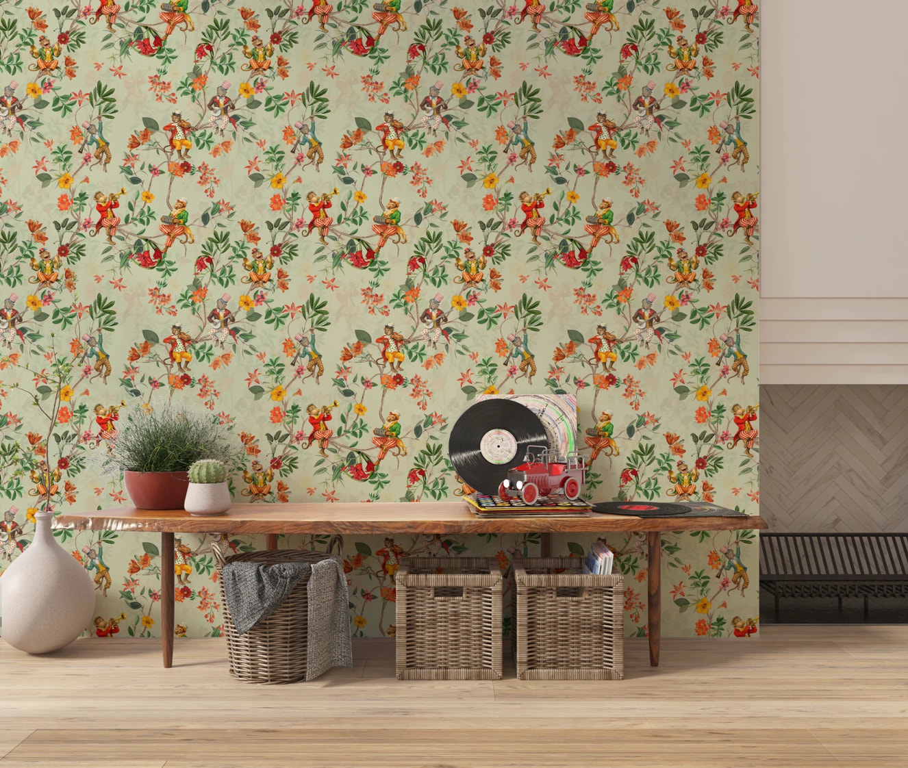 Whimsical Monkeys Playing Music Vintage Exotic Fun Garden green Wallpaper⁠