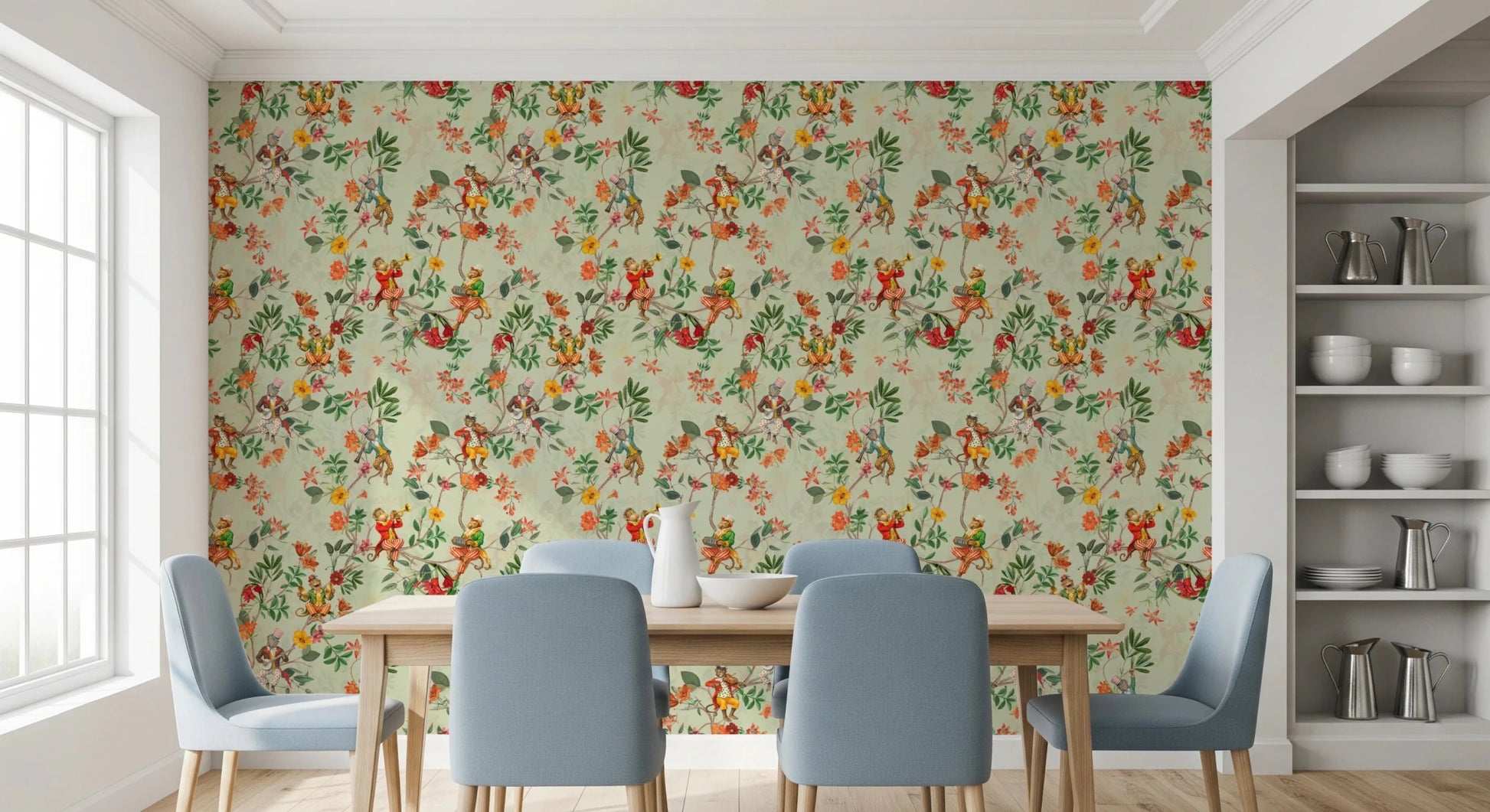 Whimsical Monkeys Playing Music Vintage Exotic Fun Garden green Wallpaper⁠