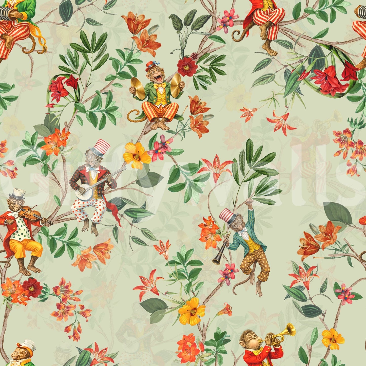 Whimsical Monkeys Playing Music Vintage Exotic Fun Garden green Wallpaper⁠