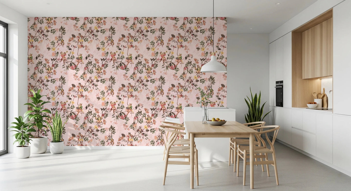 Whimsical Monkeys Playing Music Vintage Exotic Fun Garden pink Wallpaper⁠