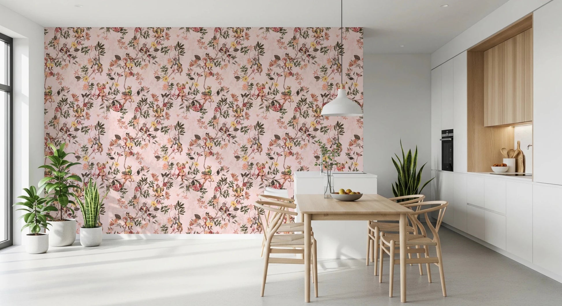 Whimsical Monkeys Playing Music Vintage Exotic Fun Garden pink Wallpaper⁠