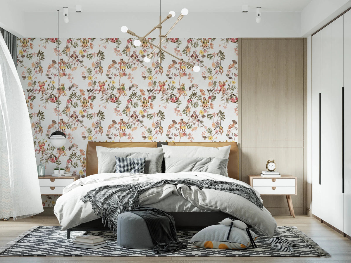 Whimsical Monkeys Playing Music Vintage Exotic Fun Garden white Wallpaper⁠