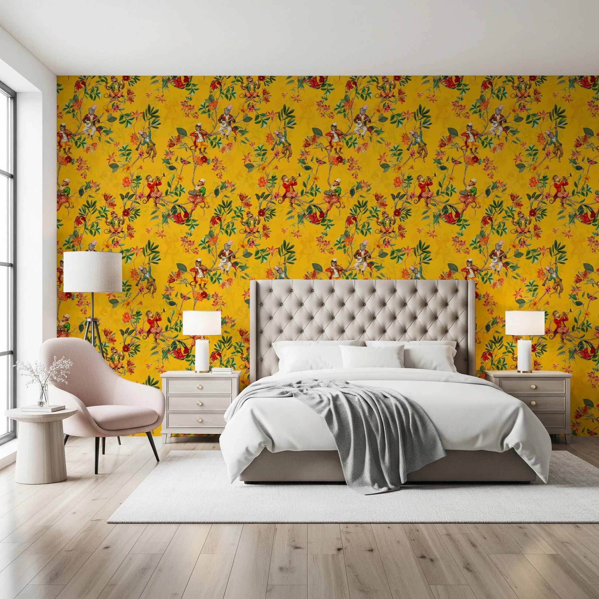 Whimsical Monkeys Playing Music Vintage Exotic Fun Garden yellow Wallpaper⁠