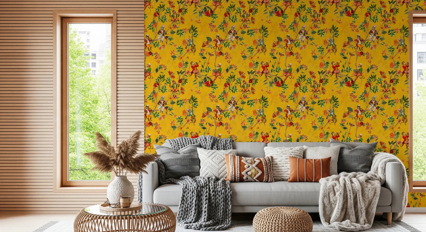 Whimsical Monkeys Playing Music Vintage Exotic Fun Garden yellow Wallpaper⁠