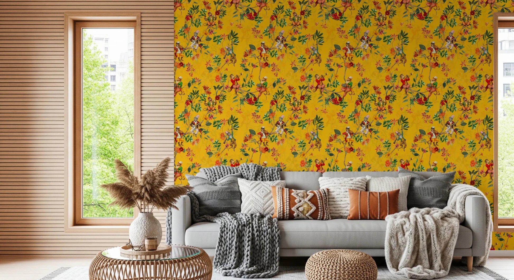 Whimsical Monkeys Playing Music Vintage Exotic Fun Garden yellow Wallpaper⁠