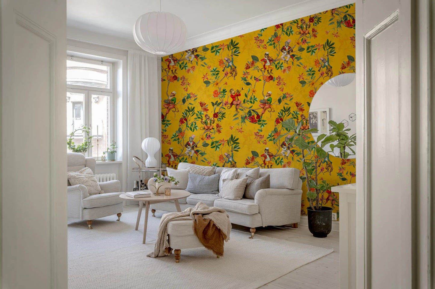 Whimsical Monkeys Playing Music Vintage Exotic Fun Garden yellow Wallpaper⁠