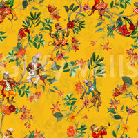 Whimsical Monkeys Playing Music Vintage Exotic Fun Garden yellow Wallpaper⁠