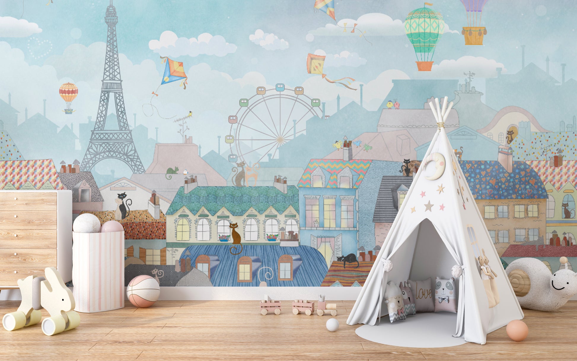 Hot air balloon kids wallpaper over Paris
