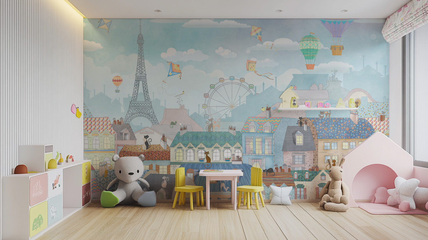 Whimsical Paris cityscape wallpaper with rooftops
