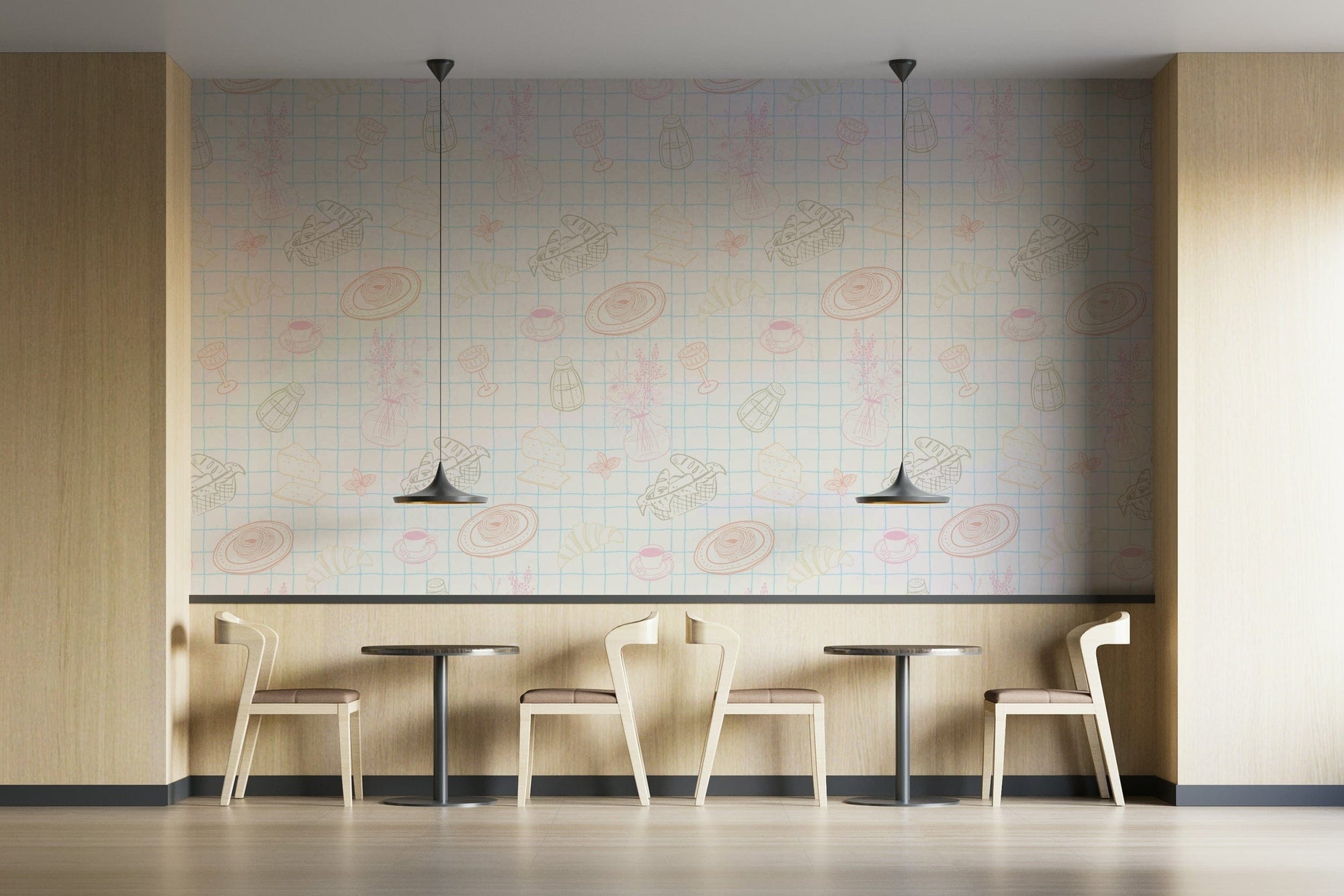 A peaceful wall mural with a whimsical, hand-drawn design.

