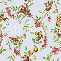 Whimsical Playing Monkeys Family Vintage Exotic Garden blue Wallpaper⁠