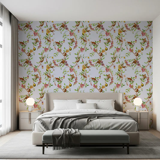 Whimsical Playing Monkeys Family Vintage Exotic Garden blue Wallpaper⁠