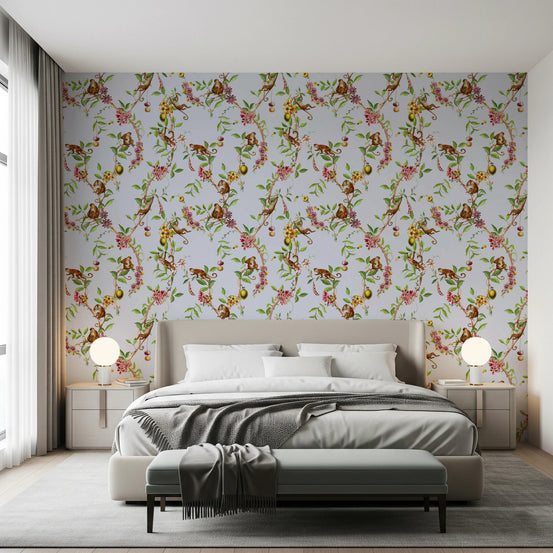Whimsical Playing Monkeys Family Vintage Exotic Garden blue Wallpaper⁠