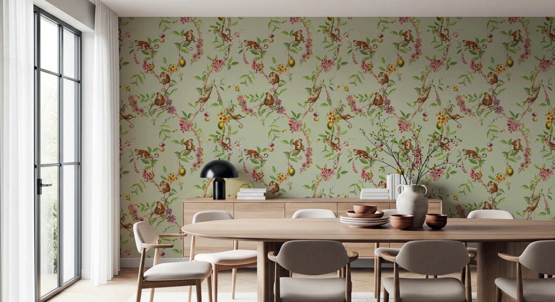 Whimsical Playing Monkeys Family Vintage Exotic Garden green Wallpaper⁠