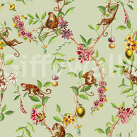 Whimsical Playing Monkeys Family Vintage Exotic Garden green Wallpaper⁠