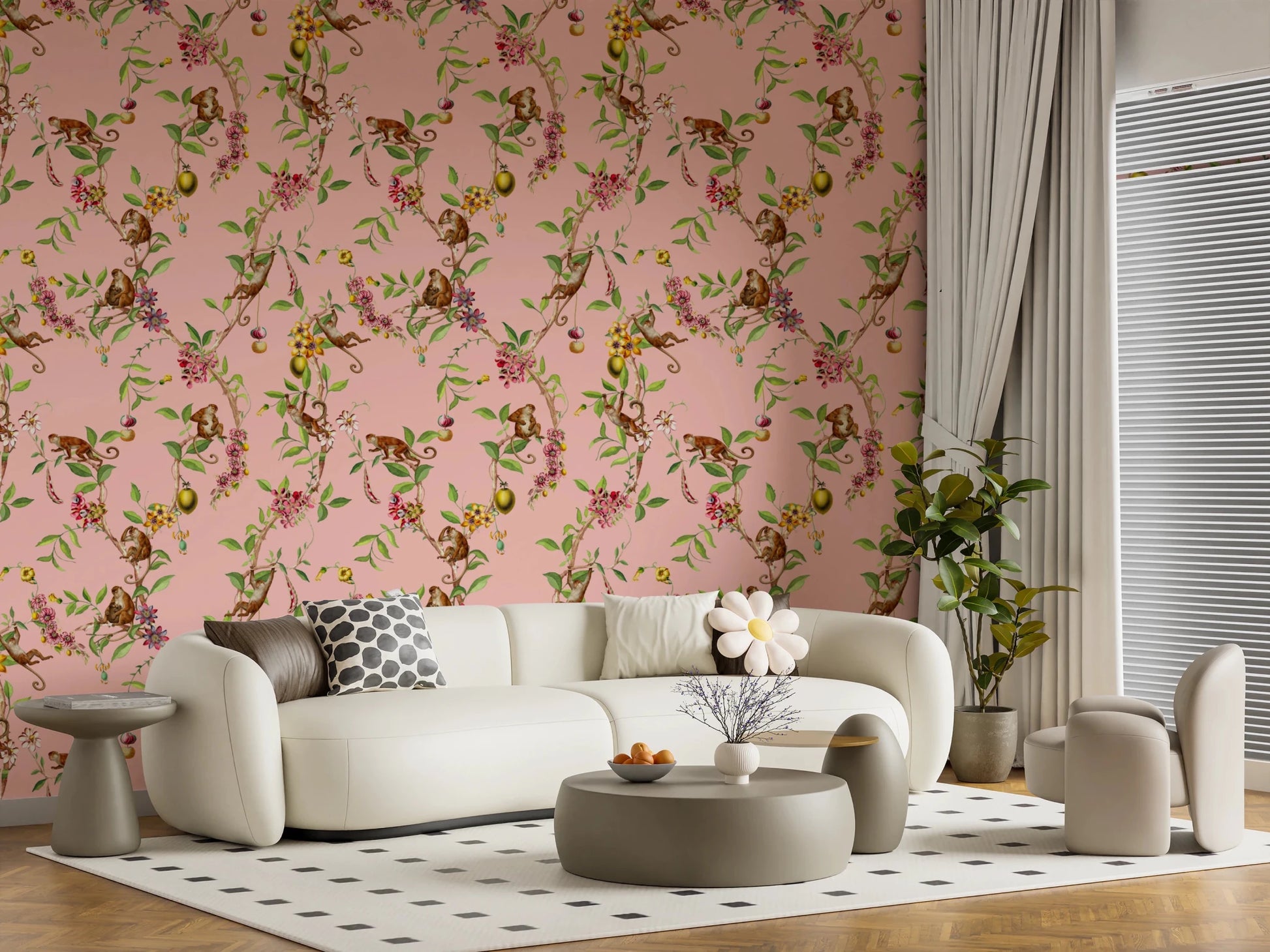 Whimsical Playing Monkeys Family Vintage Exotic Garden pink Wallpaper⁠