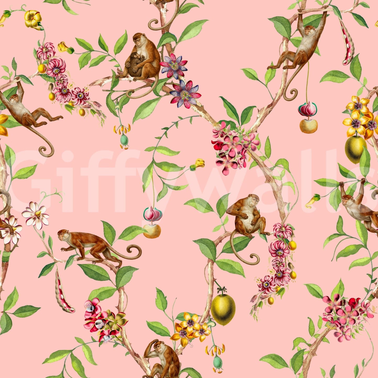 Whimsical Playing Monkeys Family Vintage Exotic Garden pink Wallpaper⁠
