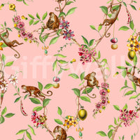 Whimsical Playing Monkeys Family Vintage Exotic Garden pink Wallpaper⁠