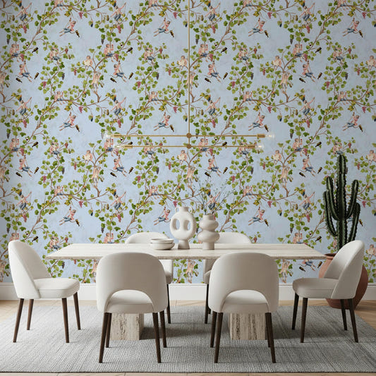 Whimsical Rococo Monkeys Wine Festival Aristocratic Vineyard Vintage Garden blue Wallpaper⁠