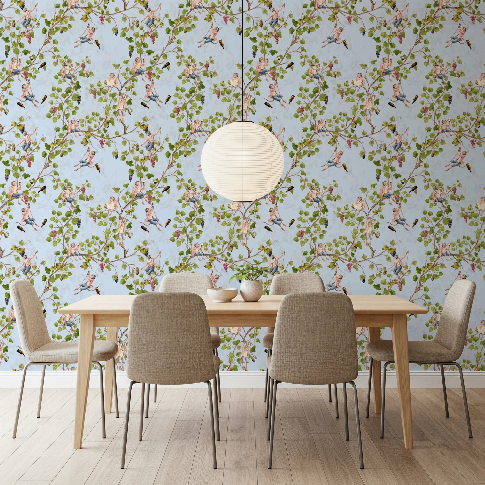 Whimsical Rococo Monkeys Wine Festival Aristocratic Vineyard Vintage Garden blue Wallpaper⁠