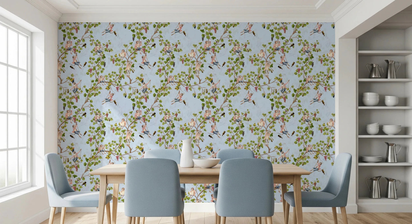 Whimsical Rococo Monkeys Wine Festival Aristocratic Vineyard Vintage Garden blue Wallpaper⁠