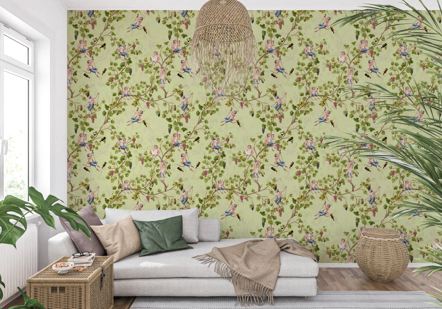 Whimsical Rococo Monkeys Wine Festival Aristocratic Vineyard Vintage Garden green Wallpaper⁠